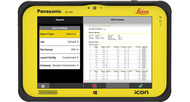 Geteilte Ansicht der Software Leica iCON build mit detailliertem Arbeitsbericht.